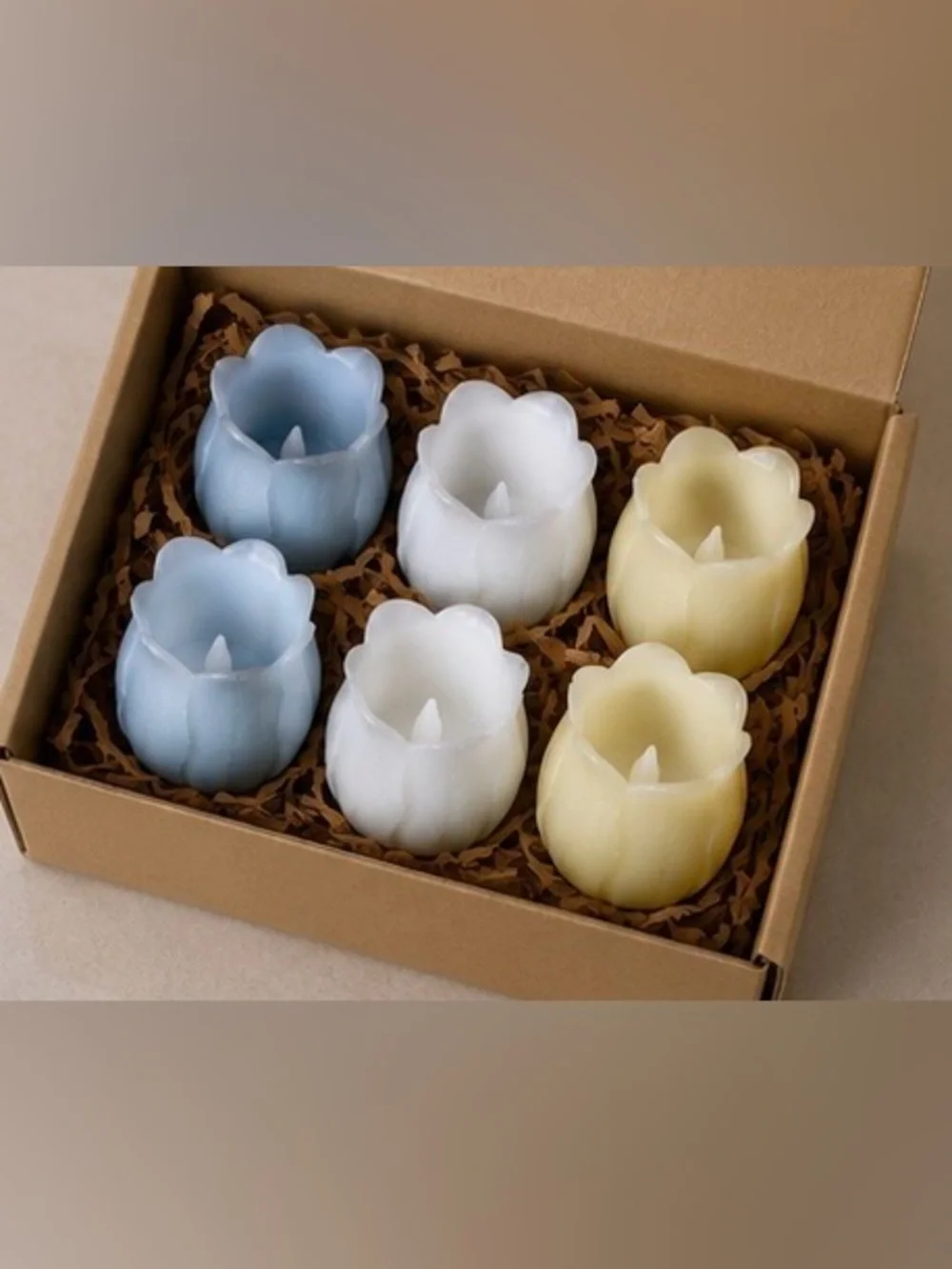 Set of 6 Tulip Flameless LED Tea Light Candles Pastel Blue White Yellow Spring
